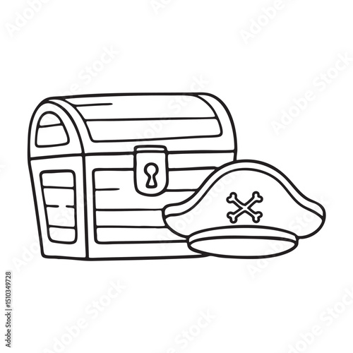 A treasure chest beside a pirate hat with lock slightly broken