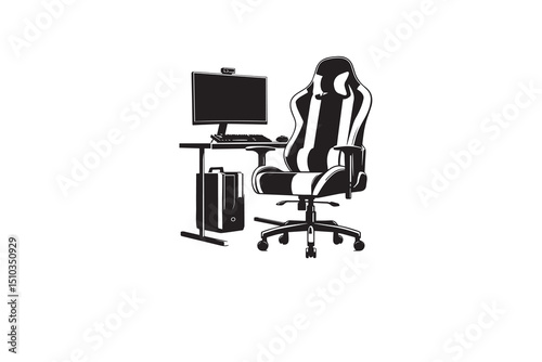 a black-and-whit gaming  chair  against a white background in a straightforward and inconspicuous vector silhouette