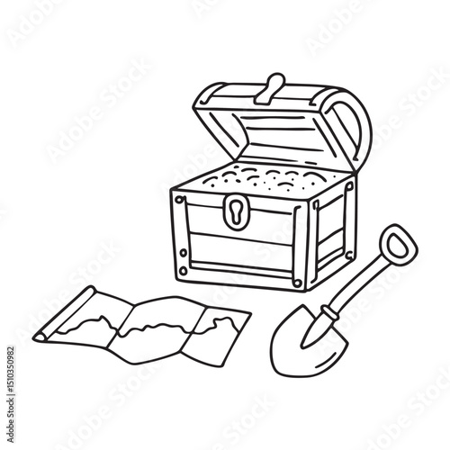 A broken shovel lying near a treasure chest with a map next to it
