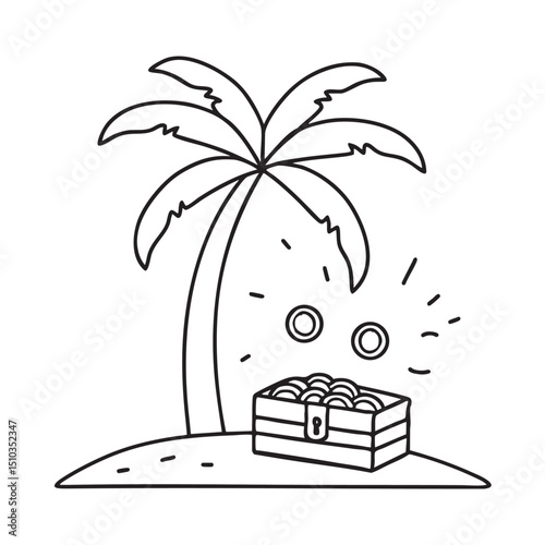 A treasure under a palm tree with some coins spilled out