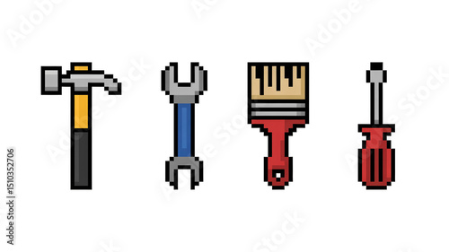 Pixel art tools including hammer, wrench, brush and screwdriver are arranged on a transparent background, evoking a retro video game aesthetic and representing construction or diy projects