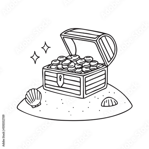 A treasure chest opened on the sand, coins and seashells around