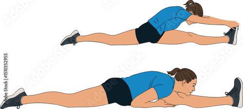 Flexible woman stretching exercises for fitness and flexibility training, full body workout illustration with athletic outfit, vector art