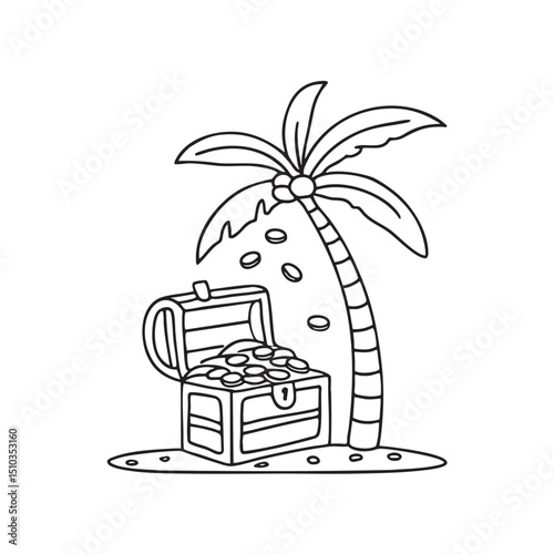 An opened treasure under a palm tree with some coins spilled out