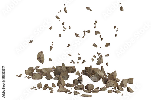 A chaotic scattering of numerous small, irregular grey and brown rocks, some airborne, others piled on the ground