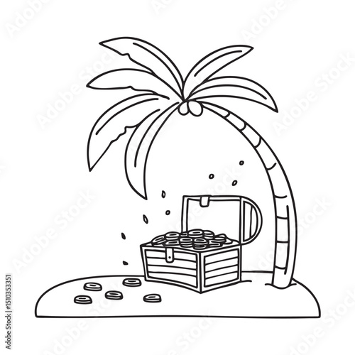 A palm tree shading an opened treasure with coins scattered nearby
