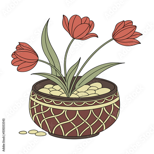 A decorative flower arrangement in a round, ornate pot. The pot is brown with a gold net-like design. The flowers are vibrant red tulips with fresh green leaves. The stems are thick and upright.