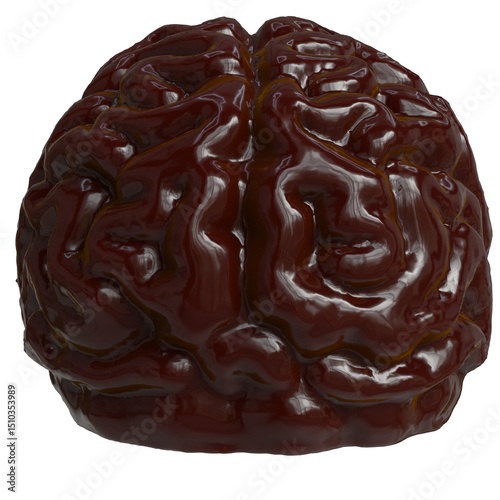 A glossy, dark-brown brain-shaped object, possibly a sculpture or rendering, exhibiting realistic cerebral convolutions