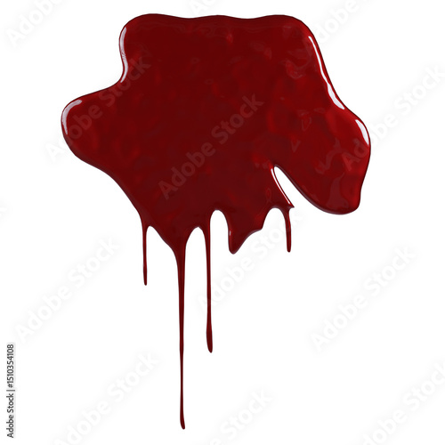 A dark red, viscous substance resembling blood, with an irregular shape and drips extending downwards.  It has a glossy sheen and appears thick