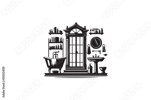 a black-and-whit bathroom against a white background in a straightforward and inconspicuous vector silhouette