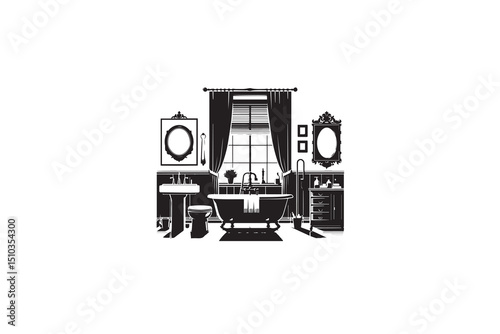 a black-and-whit bathroom against a white background in a straightforward and inconspicuous vector silhouette