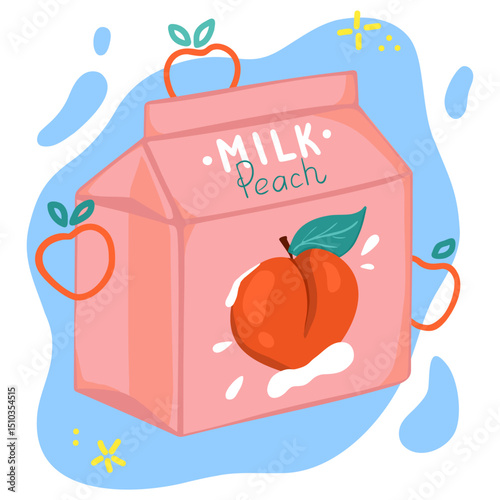 Cartoon milk box with peach with blue background and drops. Hand drawn vector illustration.