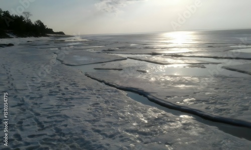 Frozen Lake Superior Shoreline with Jagged Ice Floes at Dusk