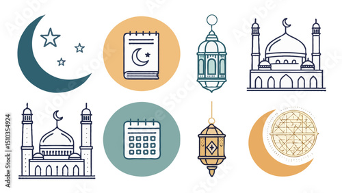 Islamic and Ramadan vector icon set of mosque, crescent moon, lanterns and calendar - Muslim religious symbols collection for web design.