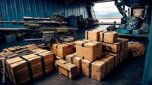 Boxes are organized in a military transport setting that features mounted equipment. The environment reflects a logistical operation in a secure location, preparing supplies for deployment photo