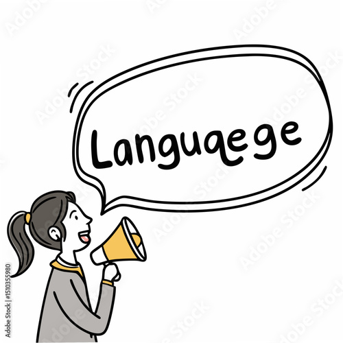 Cartoon illustration of woman with ponytail announcing the word language with megaphone on white background