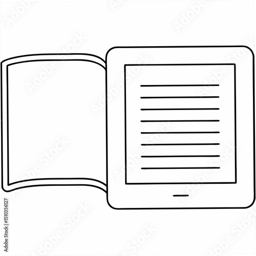 Digital reading concept with open book and e reader outlined in black suitable for education