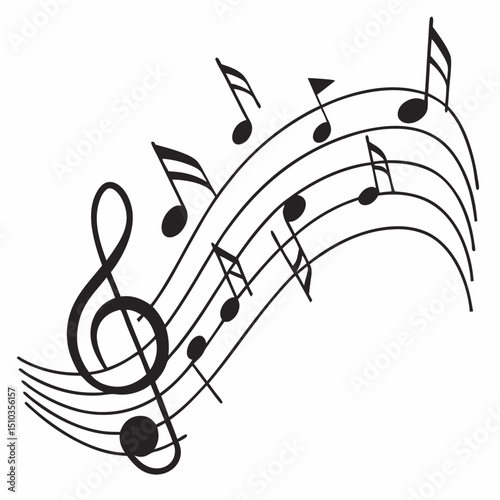 Elegant black and white illustration featuring musical notes and a treble clef dancing on a transparent background for versatile design projects