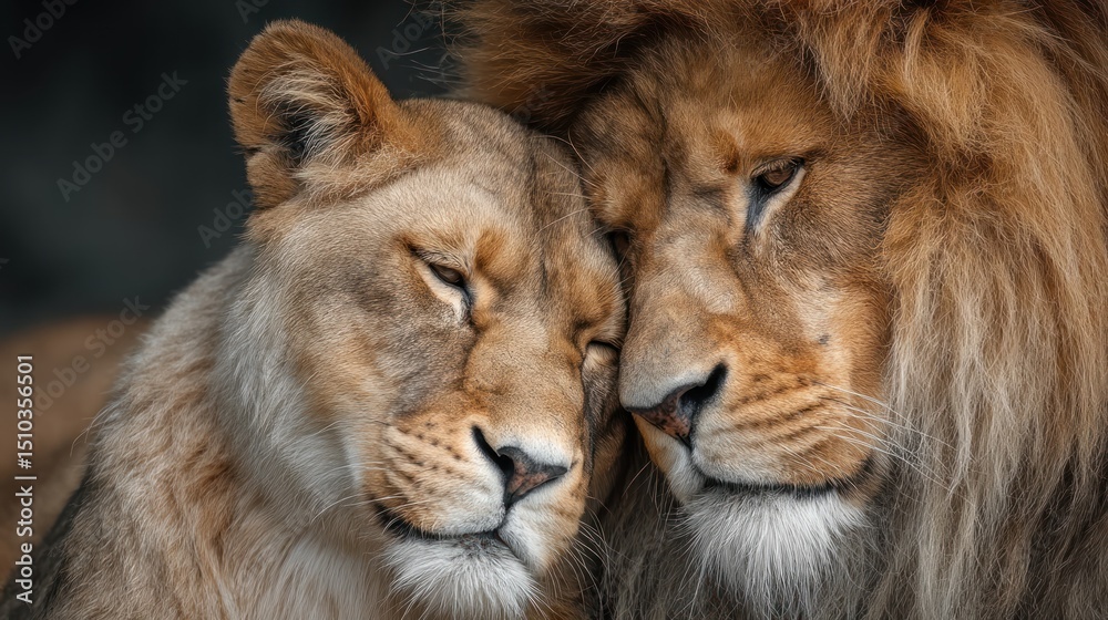 Obraz premium Lion and lioness portrait showcasing affection in the wild habitat scene