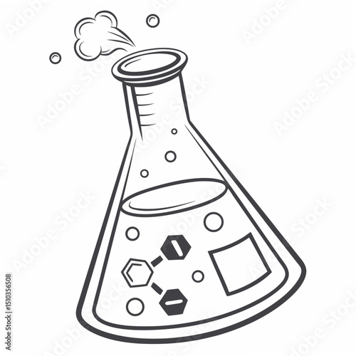 Illustration of a beaker representing chemistry science experiment with steaming vapor and chemical structures on a white background