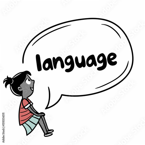 Illustration of a girl contemplating the word language inside a speech bubble ideal for education and communication themes.