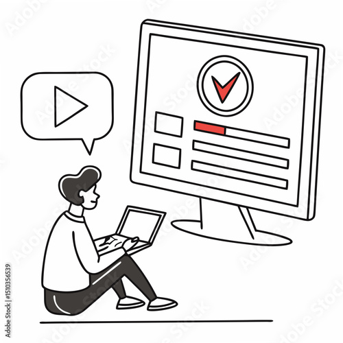 Illustration of a person working on a laptop while looking at a computer screen with content displayed and play button.