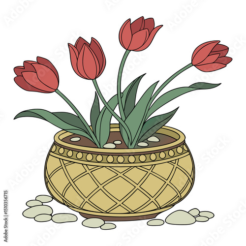 A decorative flower arrangement in a round, ornate pot. The pot is brown with a gold net-like design. The flowers are vibrant red tulips with fresh green leaves. The stems are thick and upright.