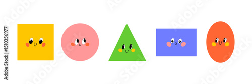 Cartoon-style cheerful shapes with eyes, smiles, and colorful cheeks for kids. Vector illustration