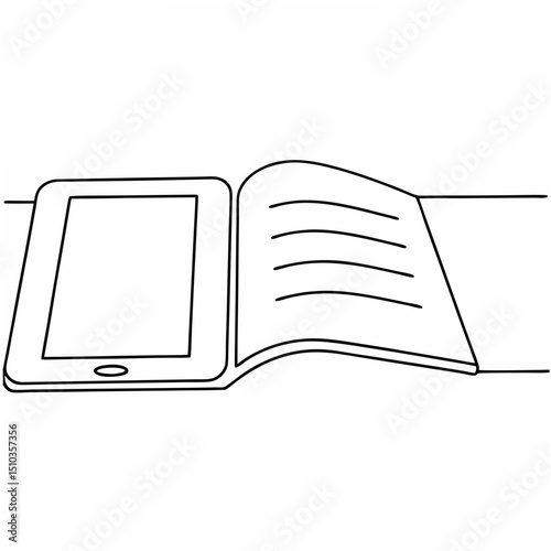 Simple line art illustration of tablet and open book represents education and learning on white background