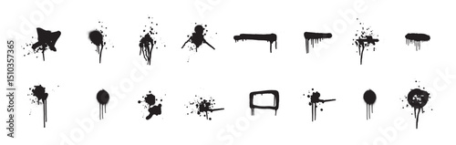 Set of spray paint drips, black blots or ink splatters. Blobs or inky spots with graffiti dirty grunge effect. Brush stains or inkblots with spatters or drops. Vector design elements in street style. 