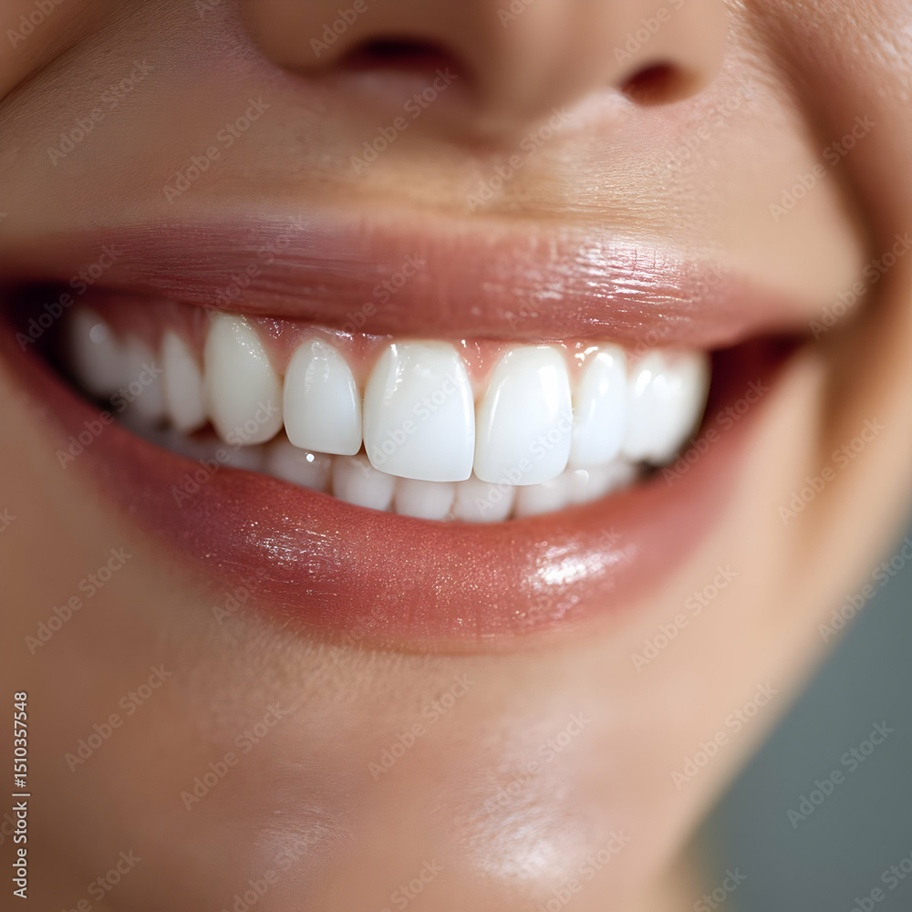 Obraz premium An up-close image of a beautiful smile featuring bright white teeth and healthy lips. This image captures the essence of confidence and happiness.