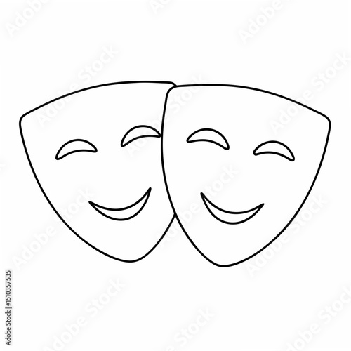 Vector illustration depicting two happy theater masks with outlined black details and on transparency.
