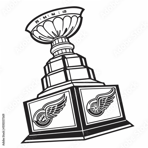 Vector illustration of a hockey trophy with the iconic detroit red wings logo in bold black and white outline