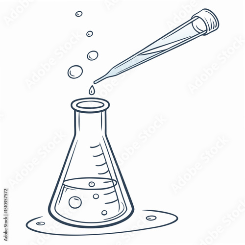 Vector illustration of a science experiment in progress featuring a dropping pipette and flask on a white background