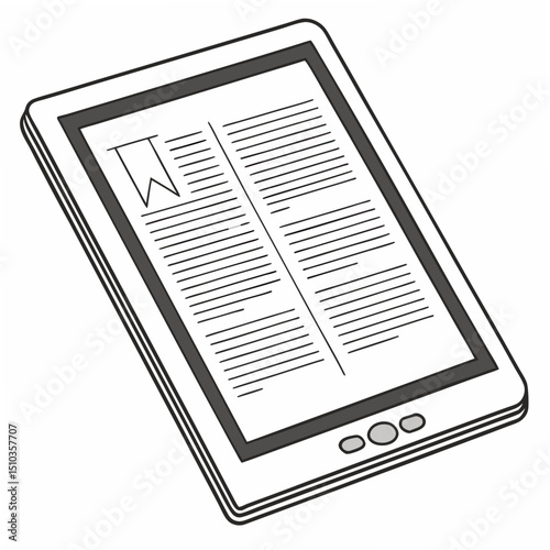 An illustration of a digital tablet displaying text suitable for ebooks and reading with a bookmark in outline style.