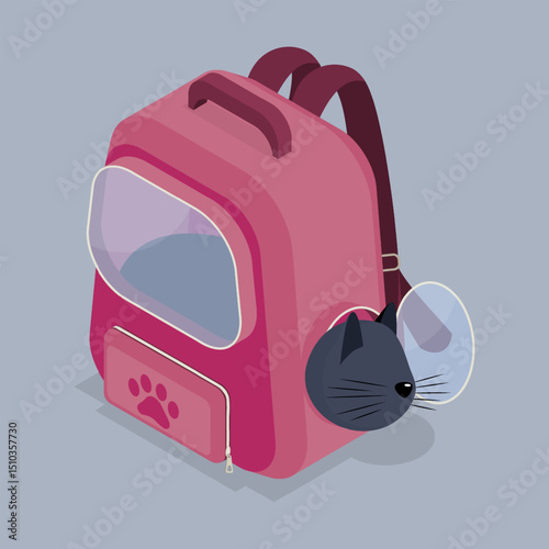 Black cat in a special backpack for travel. Pet carrier. Traveling with pets.  3d flat isometric vector illustration.
