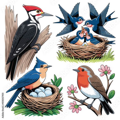 Pileated Woodpecker Robin Bluebird and Swallows Bird Illustrations