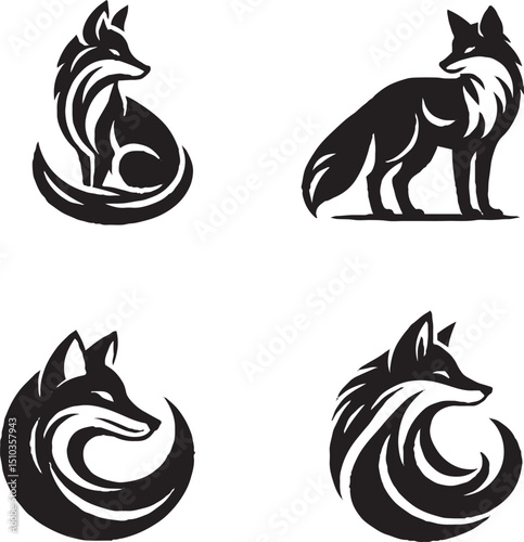 Stylized Black and White Fox Illustrations in Elegant Poses
