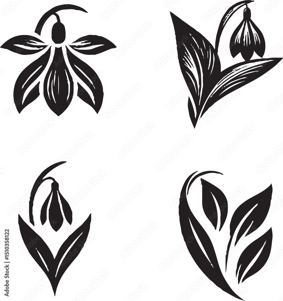 Fototapeta premium Black and White Stylized Snowdrop Floral Illustrations in Grid