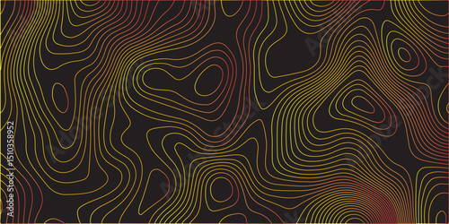  An abstract topographic map pattern featuring flowing, organic contour lines with a warm gradient from red to orange and yellow, set against a dark, possibly black, background, creating a vibrant.