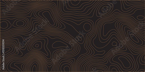 A seamless vector pattern of thin, dark brown topographic contour lines on a solid black background, creating an abstract map of a natural landscape.