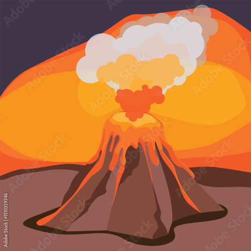 Volcanic eruption on night landscape. Vector illustration of hot lava and cloud of steam flowing from mountain crater. Stage 3. Simple cartoon design. Eps 10