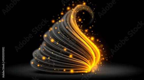 black background with elegant golden flowing ribbons and glowing shimmer particles, high-end abstract design