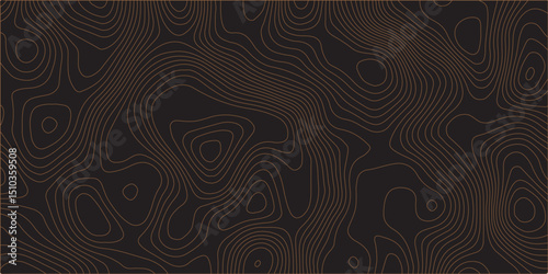 A seamless vector pattern of thin, dark brown topographic contour lines on a solid black background, creating an abstract map of a natural landscape.