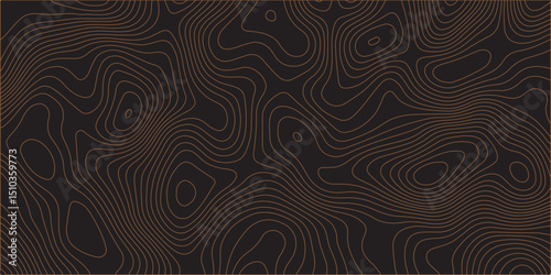A seamless vector pattern of thin, dark brown topographic contour lines on a solid black background, creating an abstract map of a natural landscape.