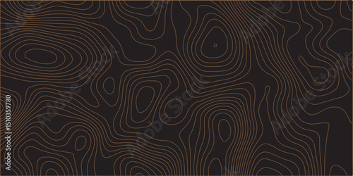 A seamless vector pattern of thin, dark brown topographic contour lines on a solid black background, creating an abstract map of a natural landscape.