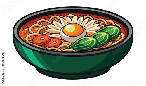 Cartoon Ramen Bowl with Egg, Noodles, and Vegetables in Dark Green Bowl