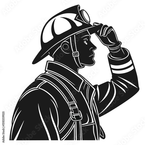 Firefighter adjusting helmet strap black silhouette transparent background, silhouette