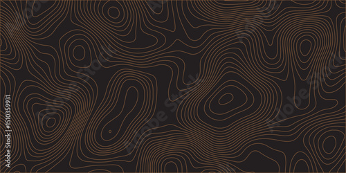 A seamless vector pattern of thin, dark brown topographic contour lines on a solid black background, creating an abstract map of a natural landscape.