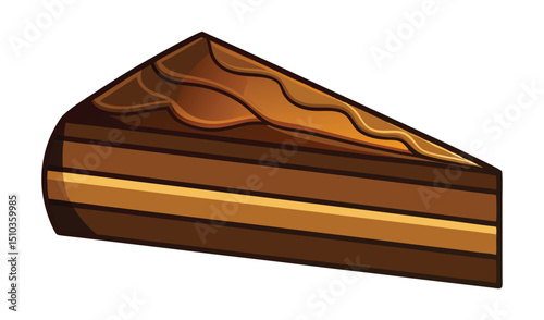 Cartoon Slice of MultiLayered Chocolate Cake with Caramel Icing on a White Background